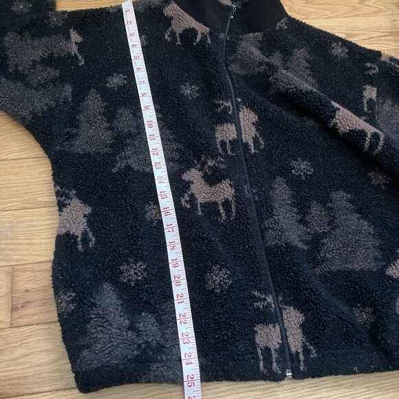 Vintage MIC Fleece Cardigan Womens Black Faux Fur Zip Holiday Reindeer Xmas - Picture 9 of 9